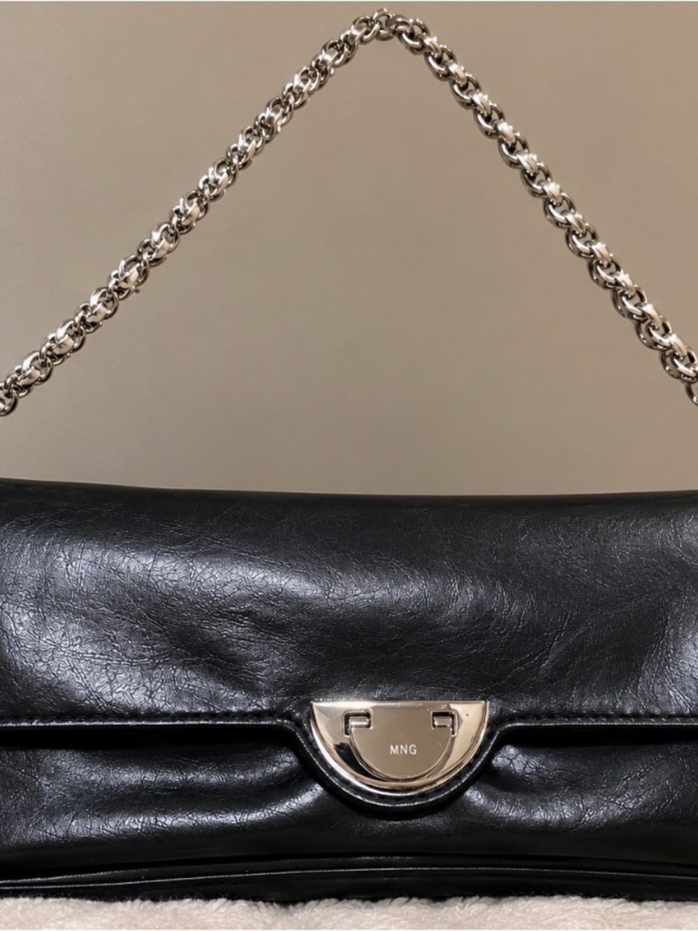 Mango Black Leather Clutch with Silver Chain